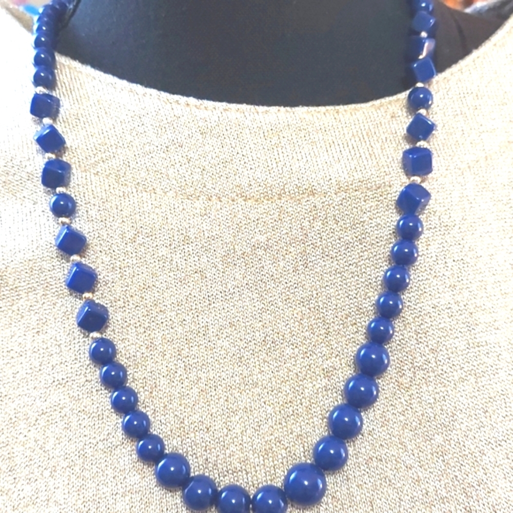 Vintage Necklace with unique cube shape beads‎ saturated blue